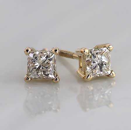 Natural Diamond Stud Earrings Princess 0.40 ct. tw. (0.20ct. each ear) I-J, I1-I2 14k Yellow Gold 4-Prong Basket