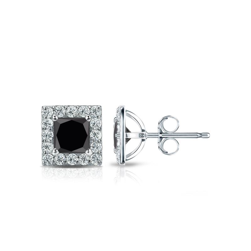 14k White Gold Halo Princess-Cut Black Diamond Stud Earrings 1.00 ct ...