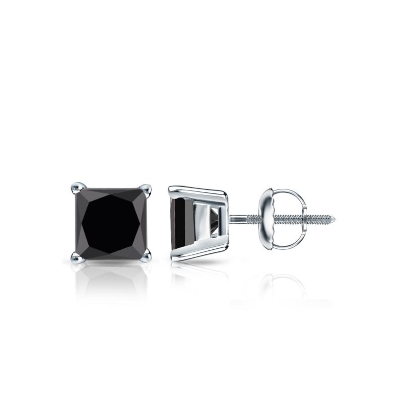 Certified 14k White Gold 4-Prong Basket Princess-Cut Black Diamond Stud ...