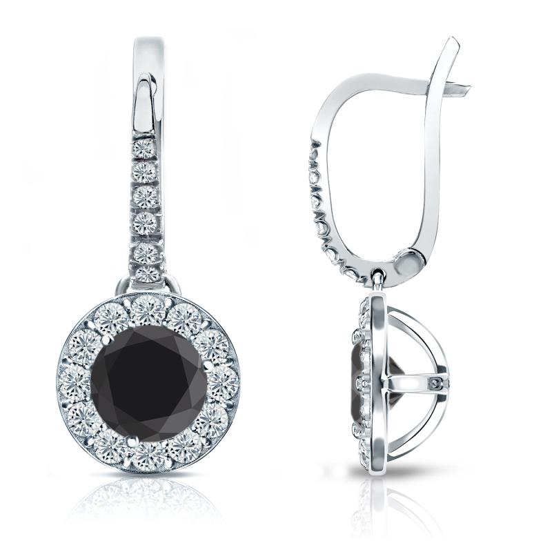 Certified 14k White Gold Dangle Studs Halo Round Black Diamond Stud
