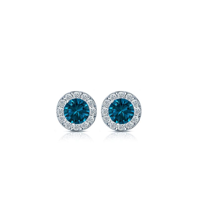 Certified 14k White Gold Halo Round Blue Diamond Stud Earrings 0.50 ct ...