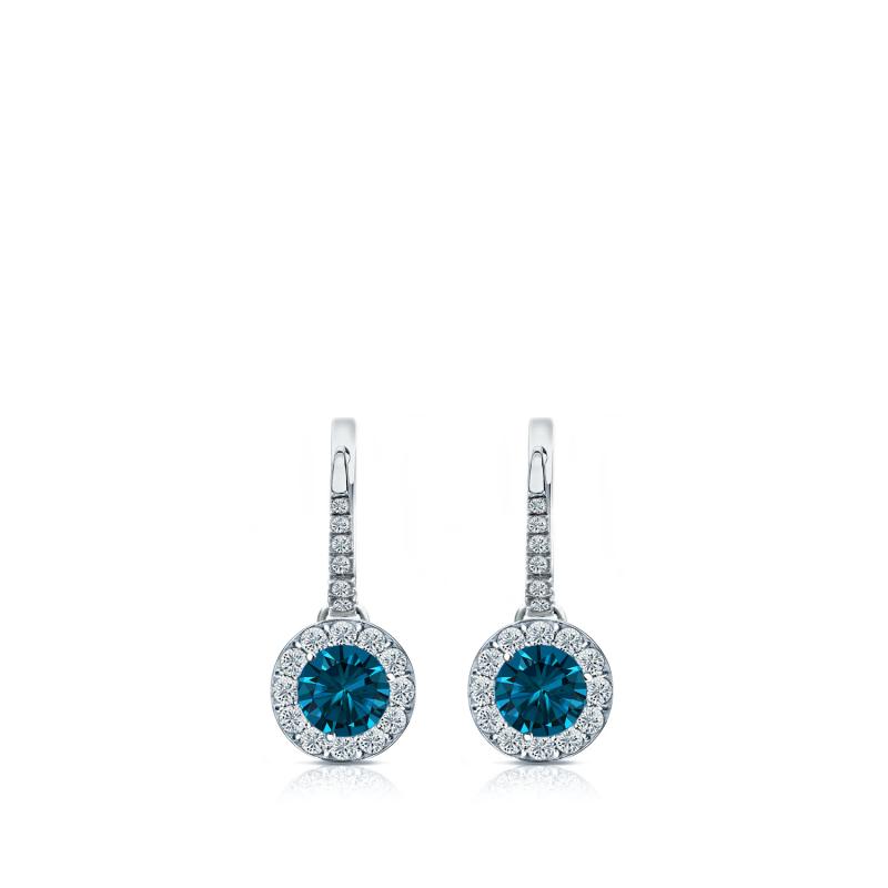 Certified 14k White Gold Dangle Studs Halo Round Blue Diamond Earrings ...