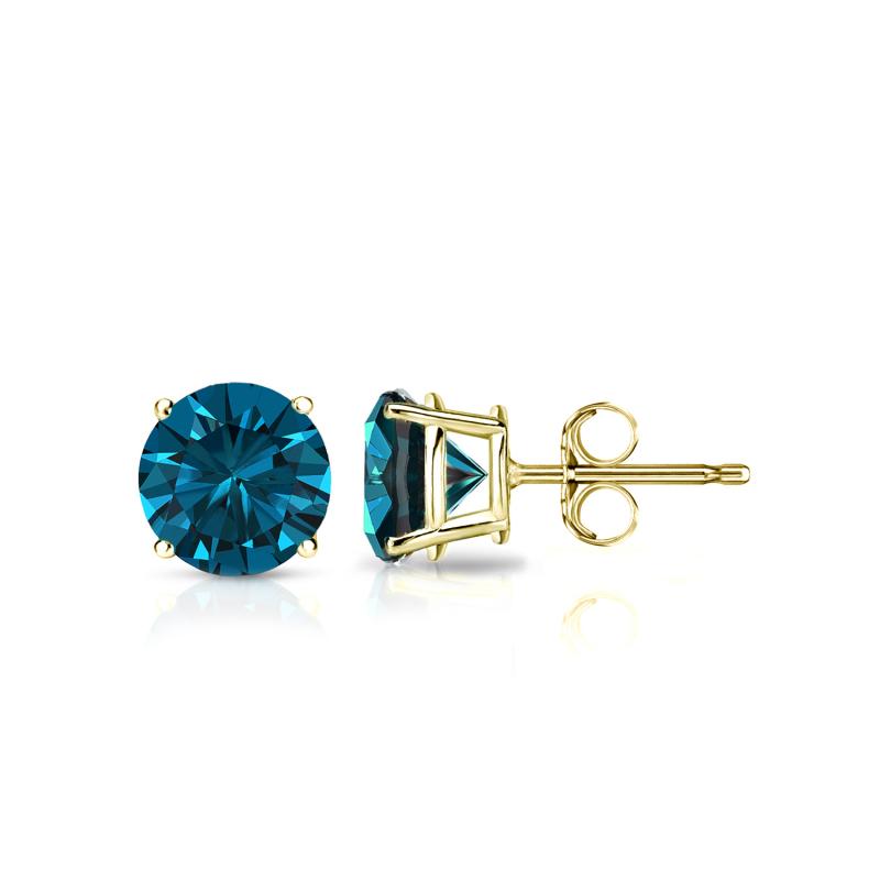 Certified 14k Yellow Gold 4-Prong Basket Round Blue Diamond Stud ...