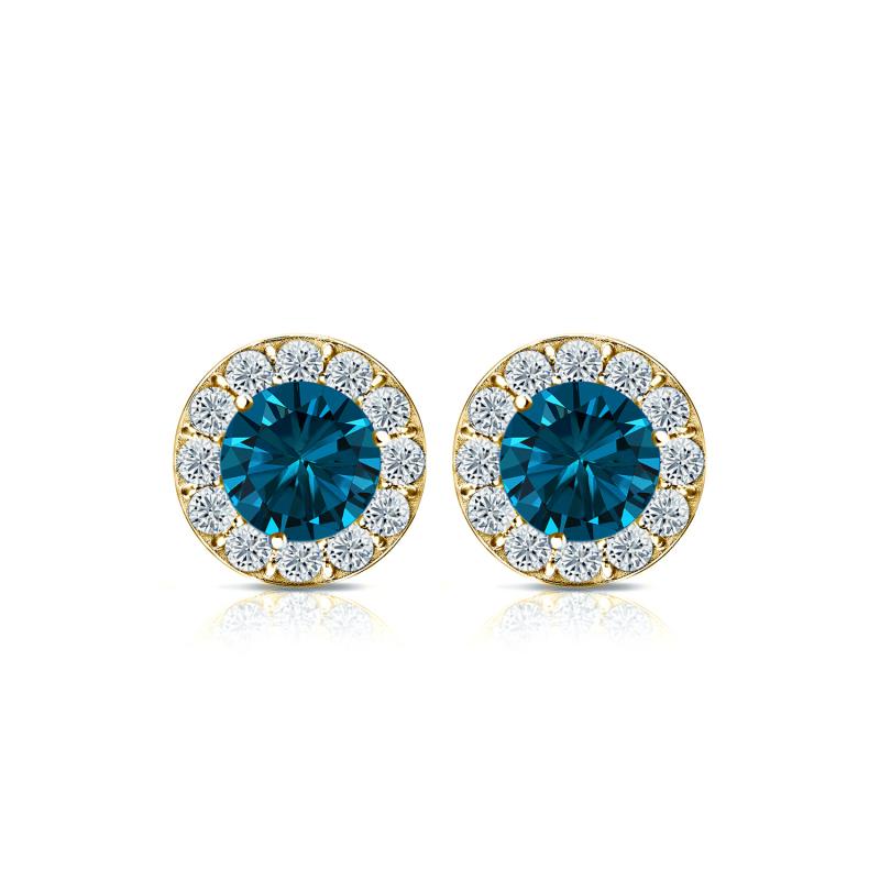 Certified 18k Yellow Gold Halo Round Blue Diamond Stud Earrings 1.00 ct ...