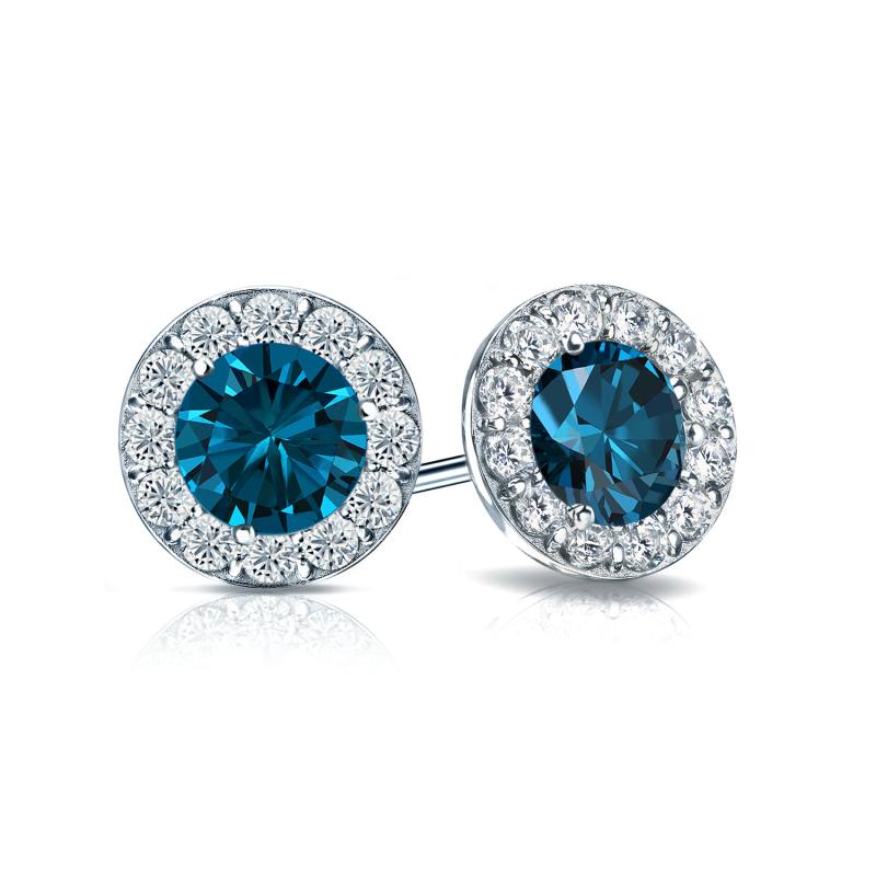 Certified 14k White Gold Halo Round Blue Diamond Stud Earrings 1.50 ct ...