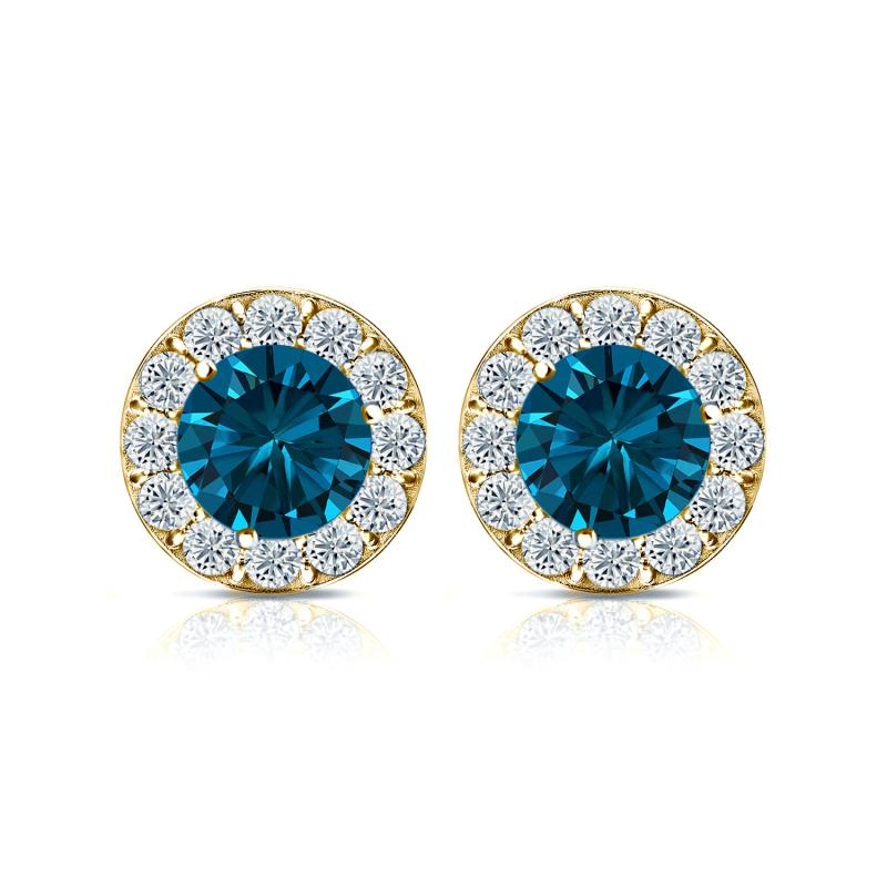 14k Yellow Gold Halo Round Blue Diamond Stud Earrings 1.50 ct. tw ...