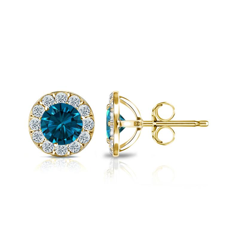 Certified 14k Yellow Gold Halo Round Blue Diamond Stud Earrings 1.50 ct ...