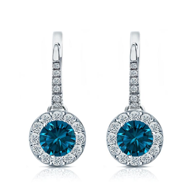 Certified 18k White Gold Dangle Studs Halo Round Blue Diamond Earrings ...