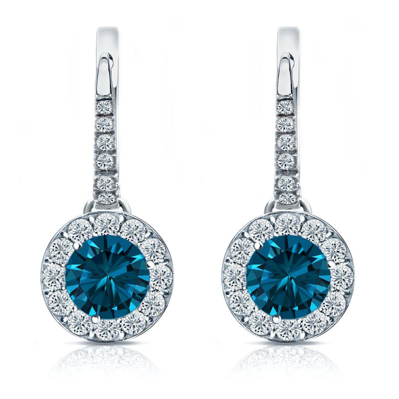 Certified 14k White Gold Dangle Studs Halo Round Blue Diamond Earrings ...