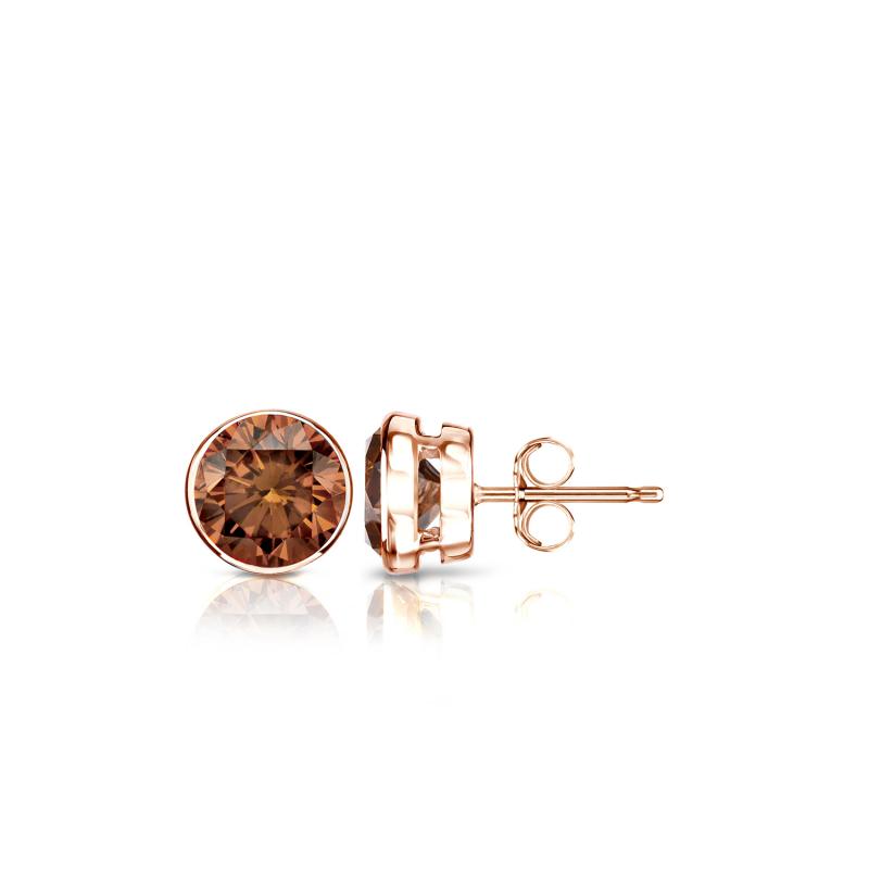 Certified 14k Rose Gold Bezel Round Brown Diamond Stud Earrings 0.50 ct ...