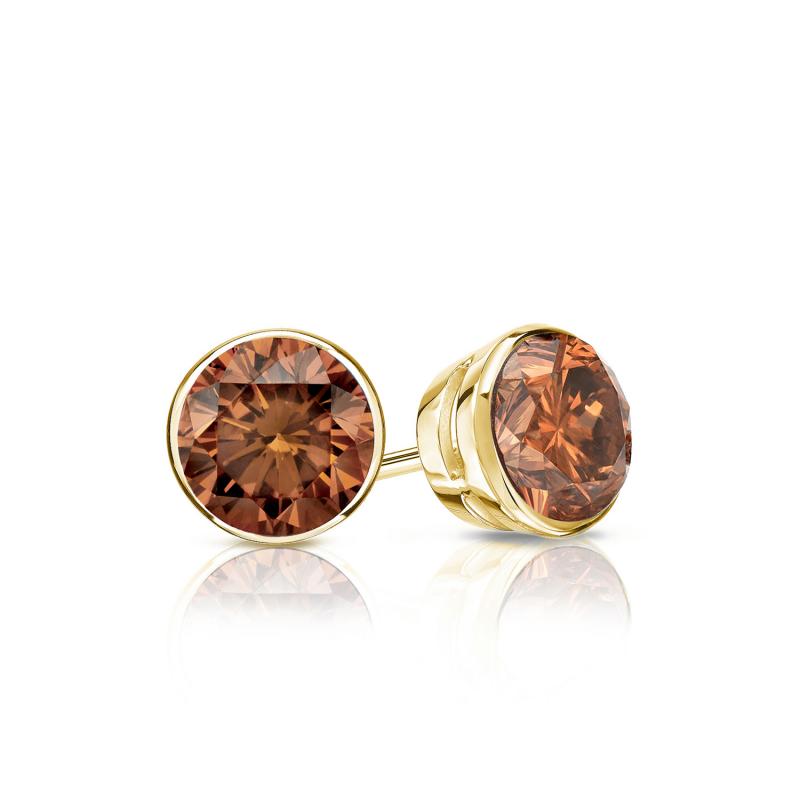 Certified 14k Yellow Gold Bezel Round Brown Diamond Stud Earrings 0.50 ...