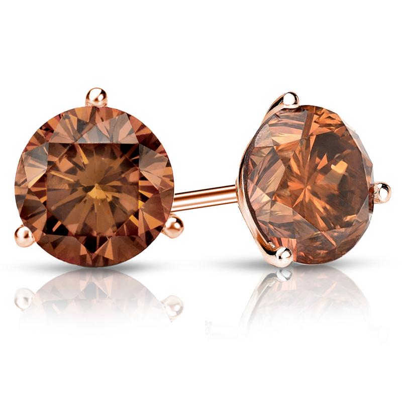 Certified 14k Rose Gold 3Prong Martini Round Brown Diamond Stud