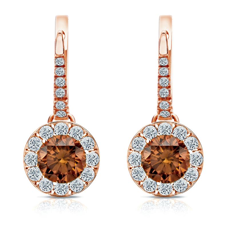 Certified 14k Rose Gold Dangle Studs Halo Round Brown Diamond Earrings ...