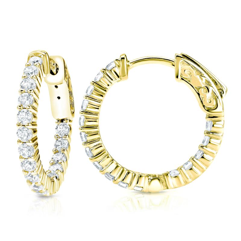 14k Yellow Gold Medium Shared Prong Diamond Hoop Earrings 2.00 ct. tw ...