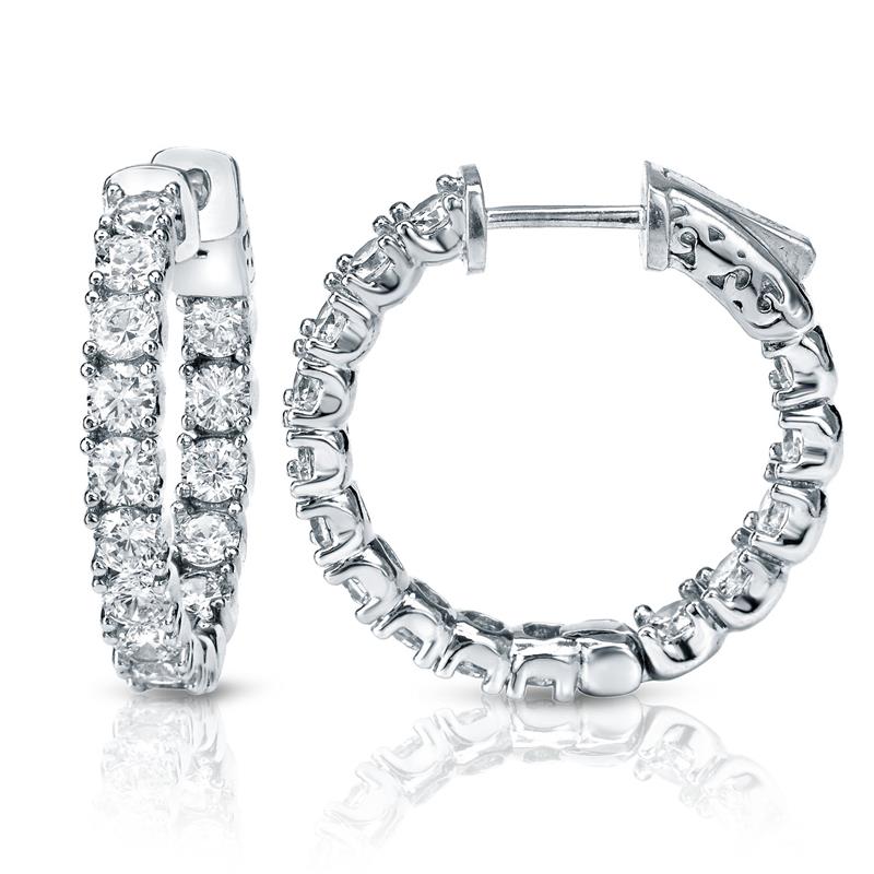 Certified 14K White Gold Medium Round Inside-Out Diamond Hoop Earrings