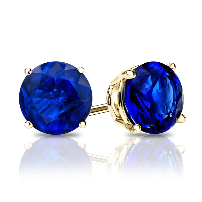 Solid 14k Yellow Gold Round Blue Sapphire 4 Prong Basket Gemstone Stud Earrings