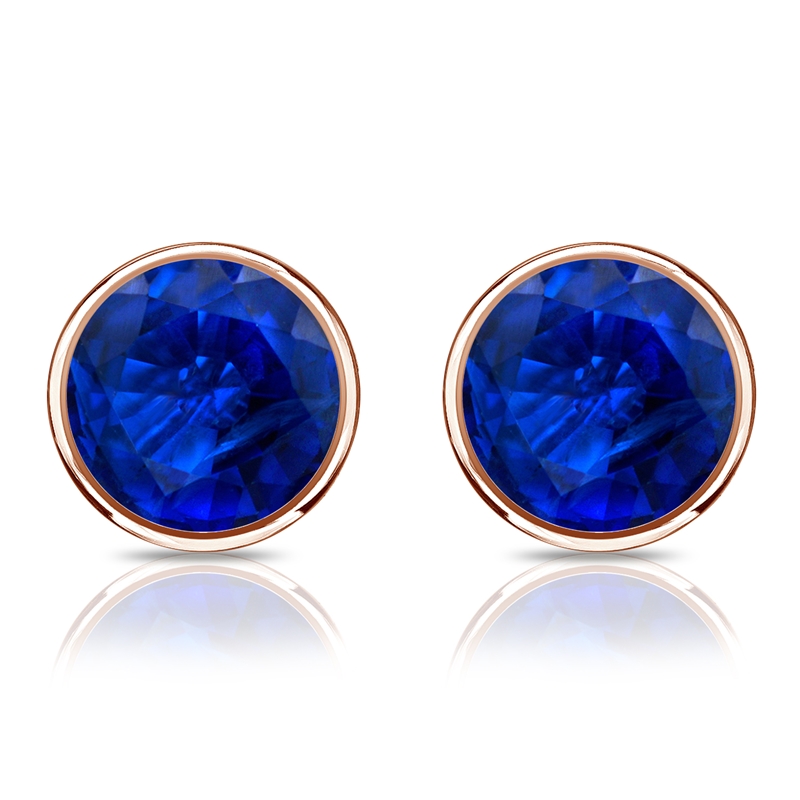 14k Rose Gold Bezel Round Blue Sapphire Gemstone Stud Earrings 2.00 ct
