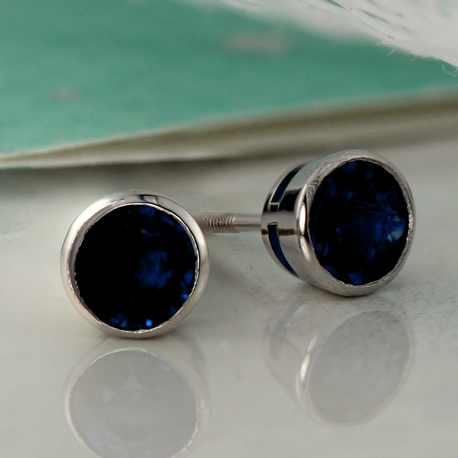 14k White Gold Bezel Round Blue Sapphire Gemstone Stud Earrings 1.25 ct ...