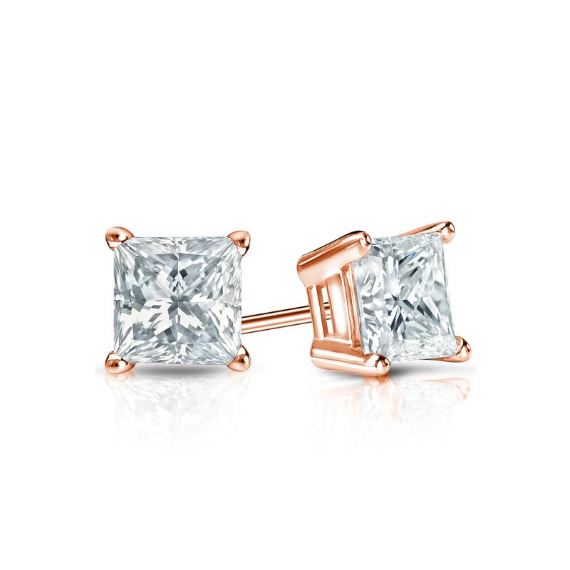 Certified 14k Rose Gold 4-Prong Basket Princess-Cut Diamond Stud Earrings  0.50 ct. tw. (H-I, SI2)