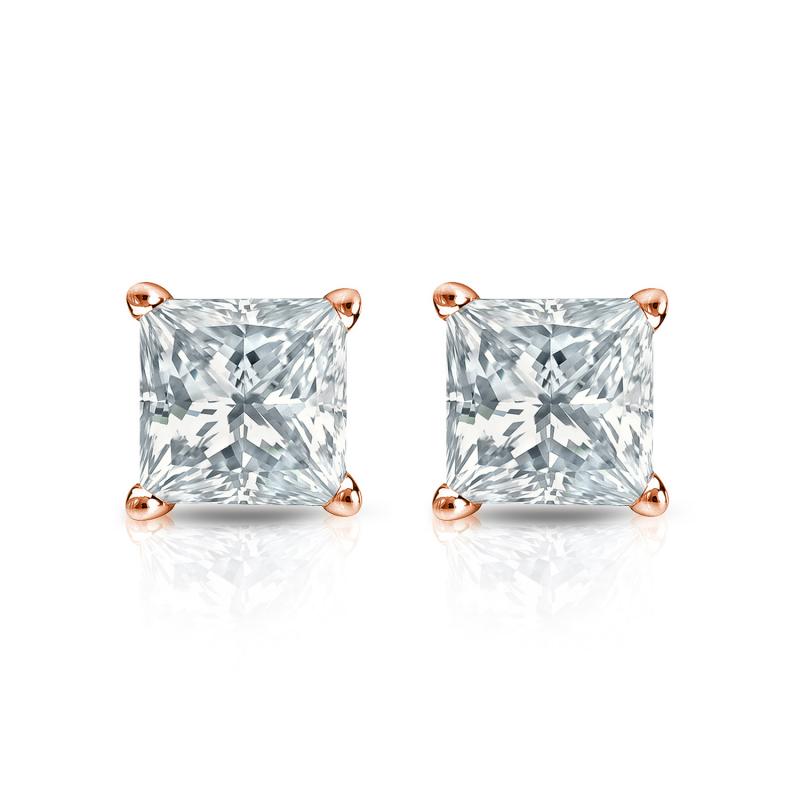 Natural Diamond Stud Earrings Princess 1.00 ct. tw. (G-H, SI1) 14k Rose ...