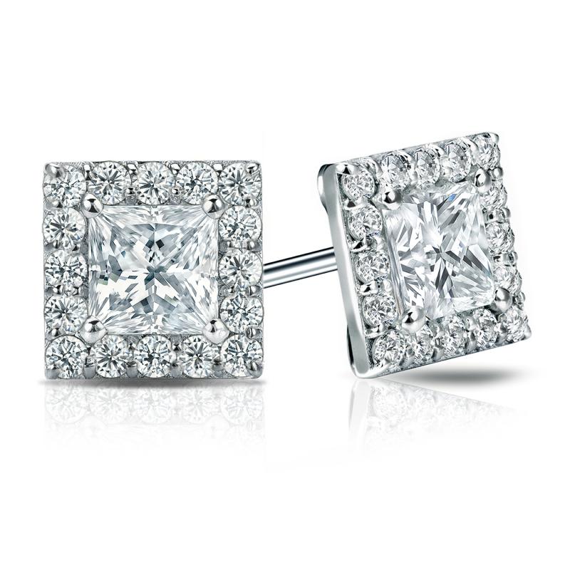 Princess Cut Diamond Stud Earrings 3+ Carat Each With Diamond Halo 18K Gold