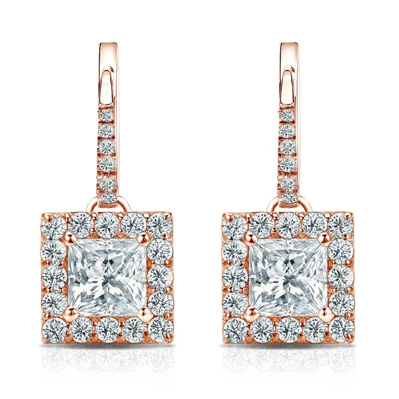 Certified 14k Rose Gold Dangle Studs Halo Princess-Cut Diamond Earrings ...