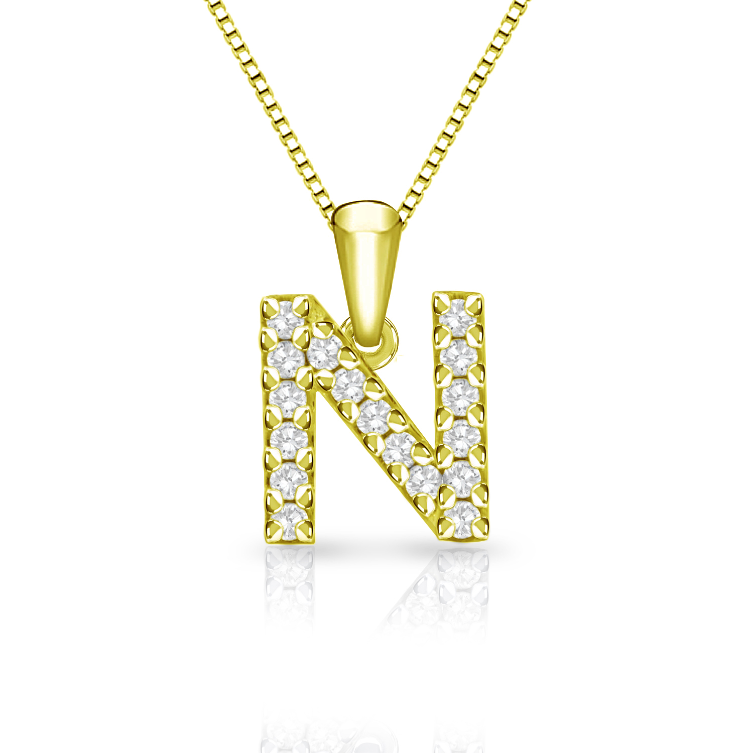 Diamond Letter N Initial Pendant in 14k Yellow Gold (1/10 cttw) 18-Inch ...