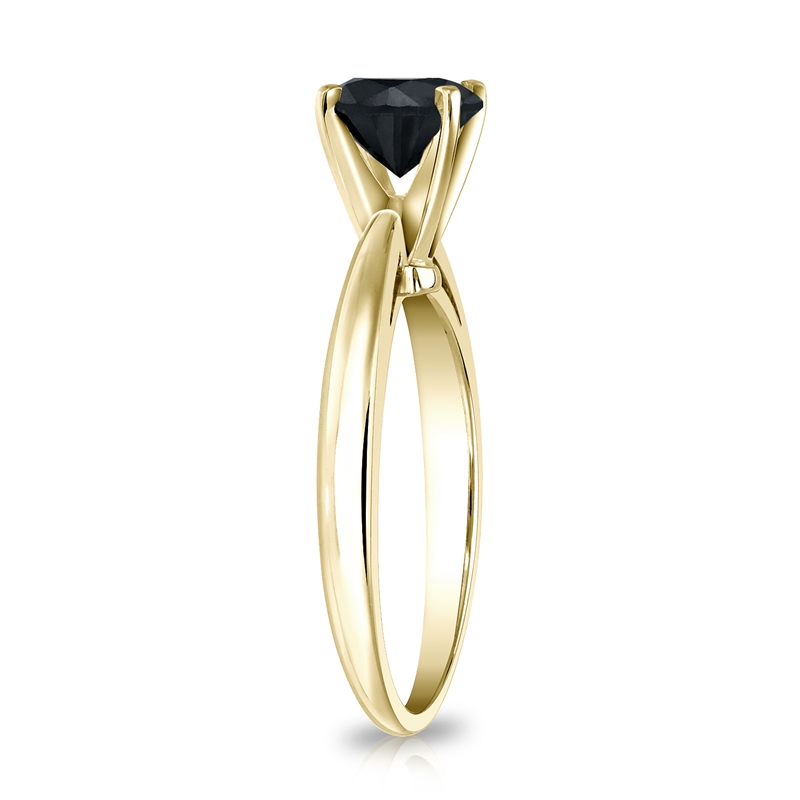 Certified 14k Yellow Gold 4Prong Black Diamond Solitaire Ring 1.00 ct
