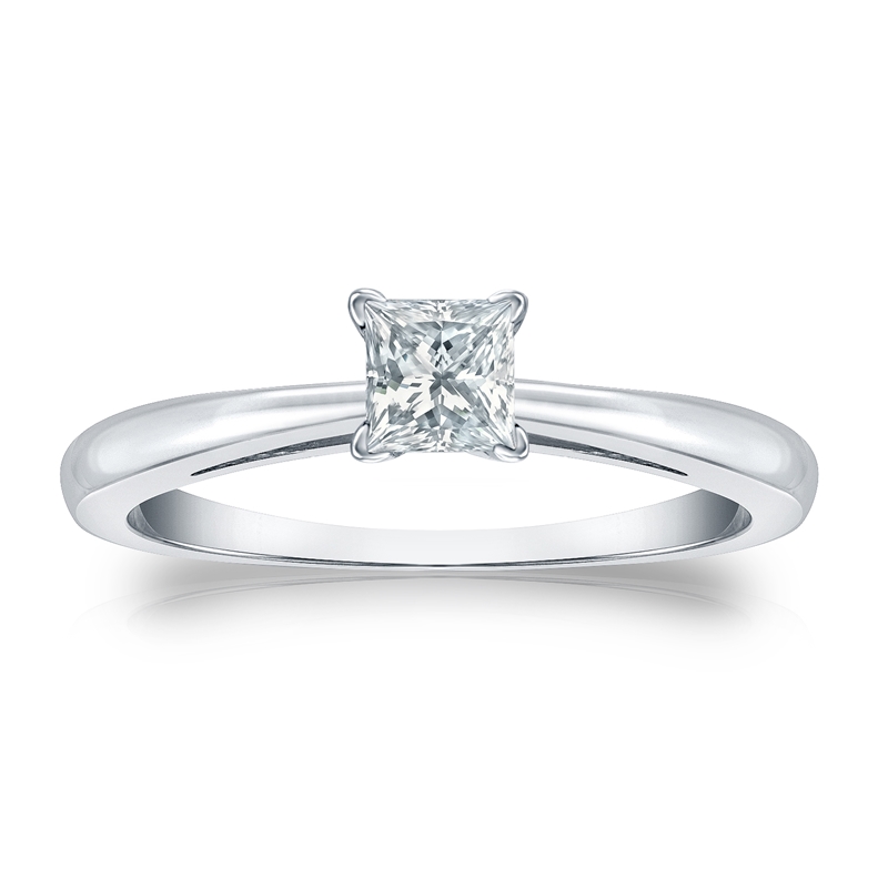 Certified 14k White Gold 4-Prong Princess Diamond Solitaire Ring 0.33 ...