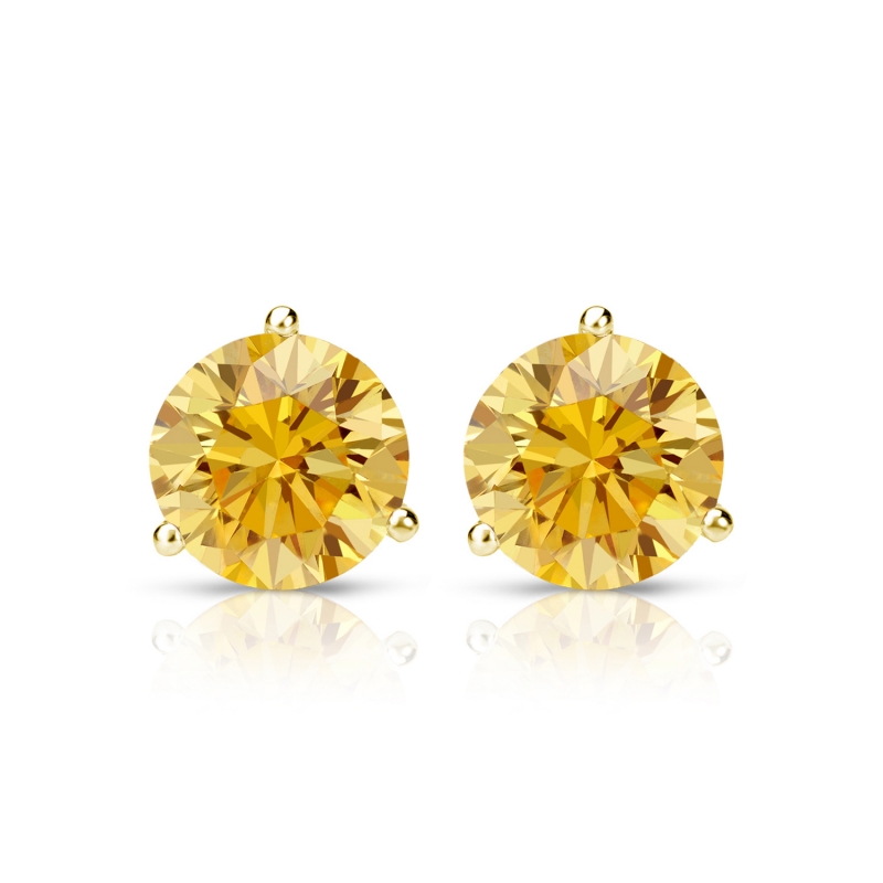 Certified 14k Yellow Gold 3Prong Martini Round Yellow Diamond Stud
