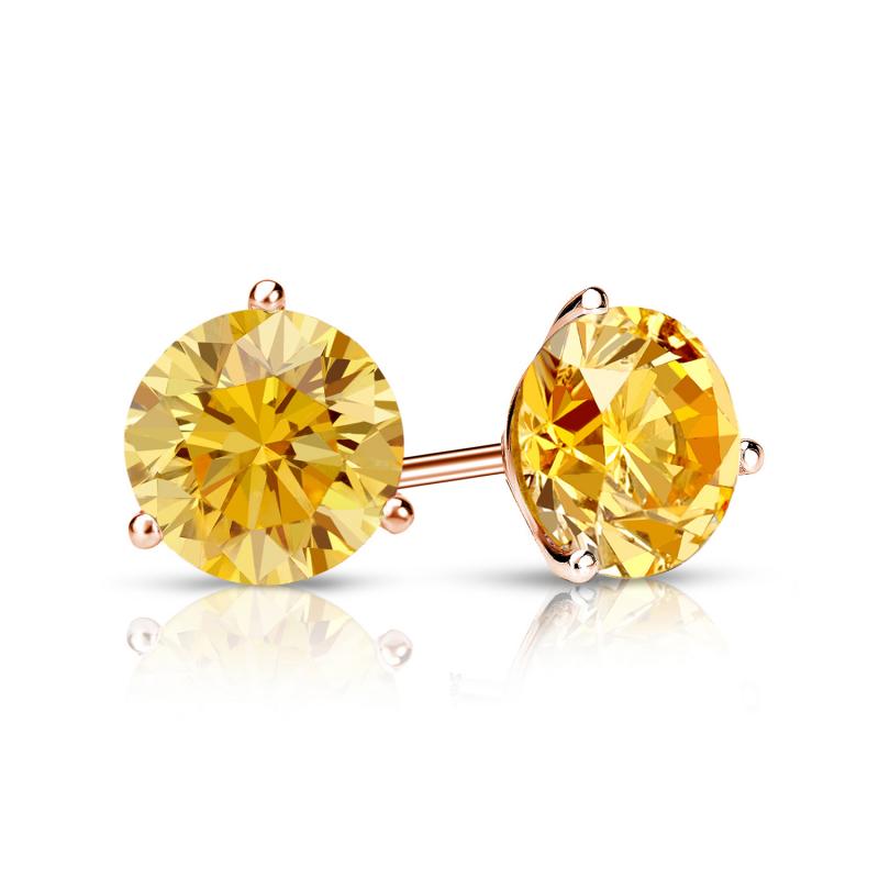 Certified 14k Rose Gold 3Prong Martini Round Yellow Diamond Stud