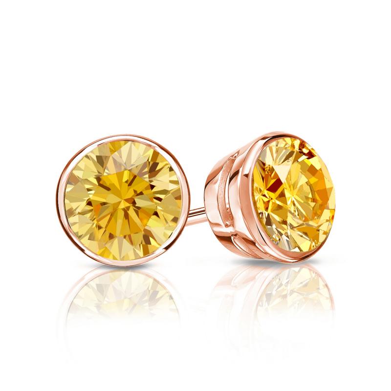 Certified 14k Rose Gold Bezel Round Yellow Diamond Stud Earrings 1.00