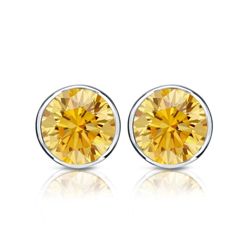 Certified 14k White Gold Bezel Round Yellow Diamond Stud Earrings 1.00