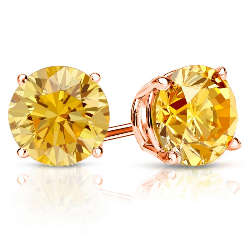 14k Rose Gold 4-Prong Basket Round Yellow Diamond Stud