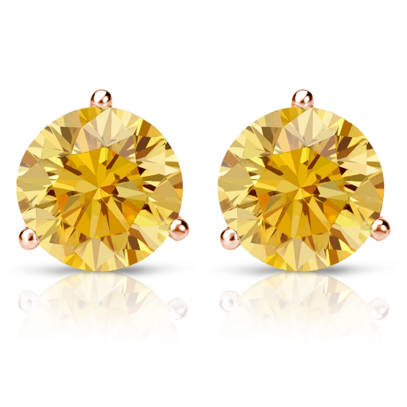 Certified 14k Rose Gold 3Prong Martini Round Yellow Diamond Stud