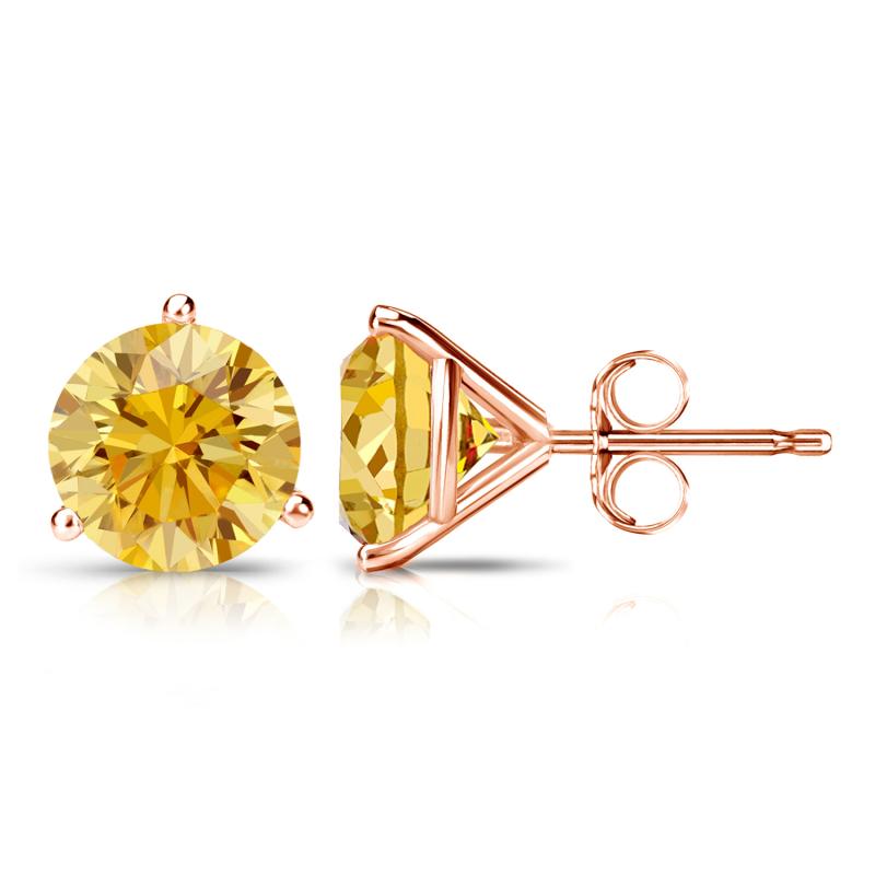 Certified 14k Rose Gold 3Prong Martini Round Yellow Diamond Stud