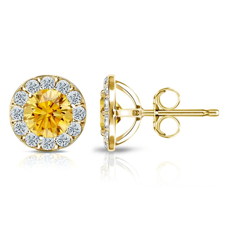 Certified 14k Yellow Gold Halo Round Yellow Diamond Stud Earrings 3.00