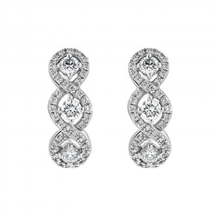 Natural Diamond Three Stone Swirl Hoop Earrings 1.00 ct. tw. 14K White Gold