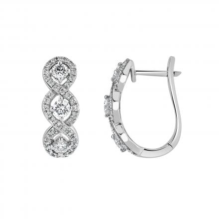 Natural Diamond Three Stone Swirl Hoop Earrings 1.00 ct. tw. 14K White Gold