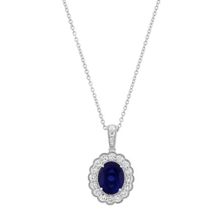 Oval Lab Grown Blue Sapphire Milgrain Floral Halo Pendant (3.15 ct. tw.,9x7mm)