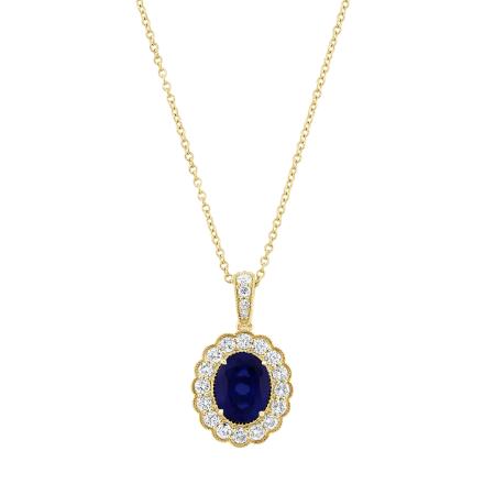 Oval Lab Grown Blue Sapphire Milgrain Floral Halo Pendant (3.15 ct. tw.,9x7mm)