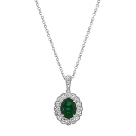 Oval Lab Grown Green Emerald Milgrain Floral Halo Pendant (2.30 ct. tw., 9x7mm)