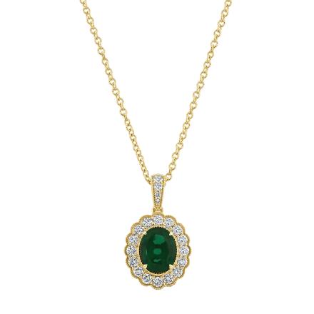 Oval Lab Grown Green Emerald Milgrain Floral Halo Pendant (2.30 ct. tw., 9x7mm)