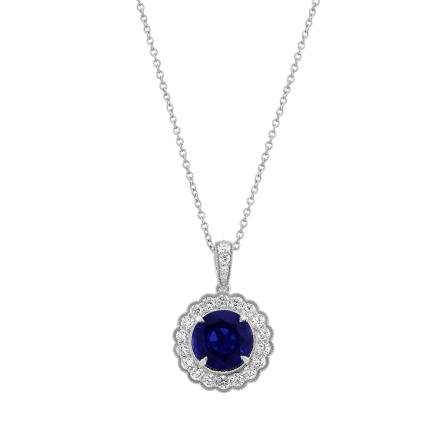 Round Lab Grown Blue Sapphire Milgrain Floral Halo Pendant (4.55 ct. tw., 9mm)