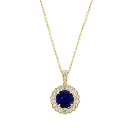 Round Lab Grown Blue Sapphire Milgrain Floral Halo Pendant (4.55 ct. tw., 9mm)