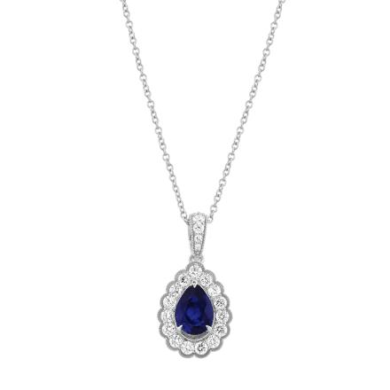 Pear Shaped Lab Grown Blue Sapphire Milgrain Floral Halo Pendant (1.75 ct. tw., 9.6mm)