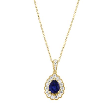 Pear Shaped Lab Grown Blue Sapphire Milgrain Floral Halo Pendant (1.75 ct. tw., 9.6mm)