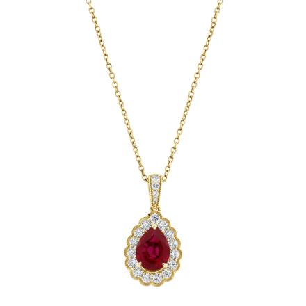 Pear Shaped Lab Grown Ruby Milgrain Floral Halo Pendant (2.45 ct. tw., 9x7mm)