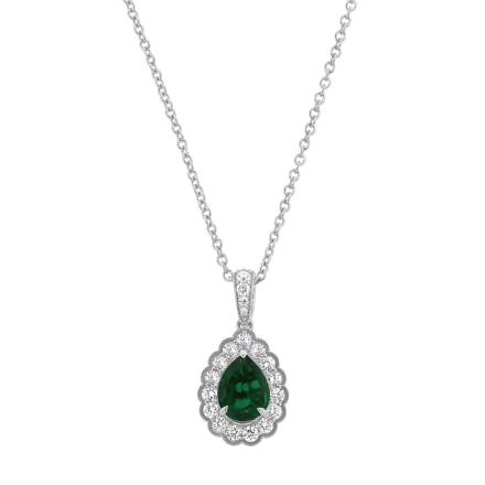 Pear Shaped Lab Grown Green Emerald Milgrain Floral Halo Pendant (2.00 ct. tw., 9x7mm)