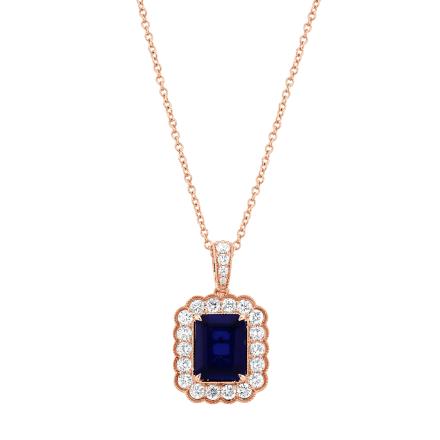 Emerald Cut Lab Grown Blue Sapphire Milgrain Floral Halo Pendant (3.55 ct. tw., 9x7mm)